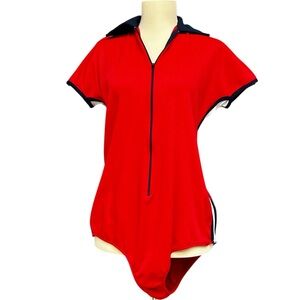 Sears Red Vintage 70s Zip Front Bodysuit Size Medium Athletic Plunge Zip Neck